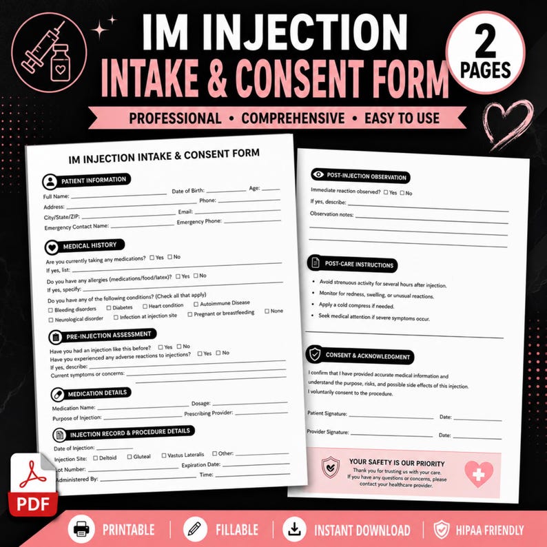 Im Injection Forms IM Injection Intake & Consent Form | Intramuscular Injection Client ...