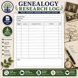 May include: A printable PDF genealogy research log with the text "GENEALOGY RESEARCH LOG" and "TRACK. DISCOVER. PRESERVE YOUR FAMILY HISTORY." Includes sections for ancestor's name, objectives, locality, and research details. Features a family tree graphic and vintage photos.