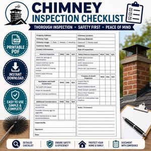 Può includere: Un modello di checklist stampabile per l'ispezione del camino, con sezioni per l'indirizzo, il tipo e i dettagli dell'ispezione. Include una grafica del camino e icone per PDF, download immediato e facilità d'uso. La checklist promuove un'ispezione accurata, la sicurezza e la tranquillità.