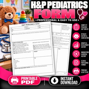 Mall för utskrivbar pediatrisk H&P-anteckning | Pediatrisk historia och fysisk formulär | Anteckning för barn | Klinisk mall | PDF-nedladdning