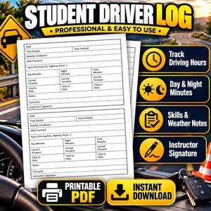 May include: A printable Student Driver Log document featuring fields for date, time, weather, skills, and driving minutes. The layout includes sections for day and night minutes, instructor notes, and signatures, presented with a professional design.