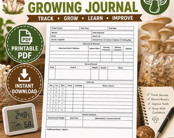 Diario de cultivo de setas (PDF imprimible) / Cuaderno de registro de cultivo de hongos / Rastreador de cultivo doméstico y micología / Registro de cosecha + Registro diario