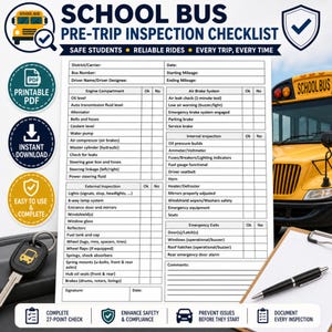 May include: A printable PDF school bus pre-trip inspection checklist. The checklist includes sections for engine compartment, external inspection, internal inspection, and emergency exits. The document is designed to enhance safety and compliance.