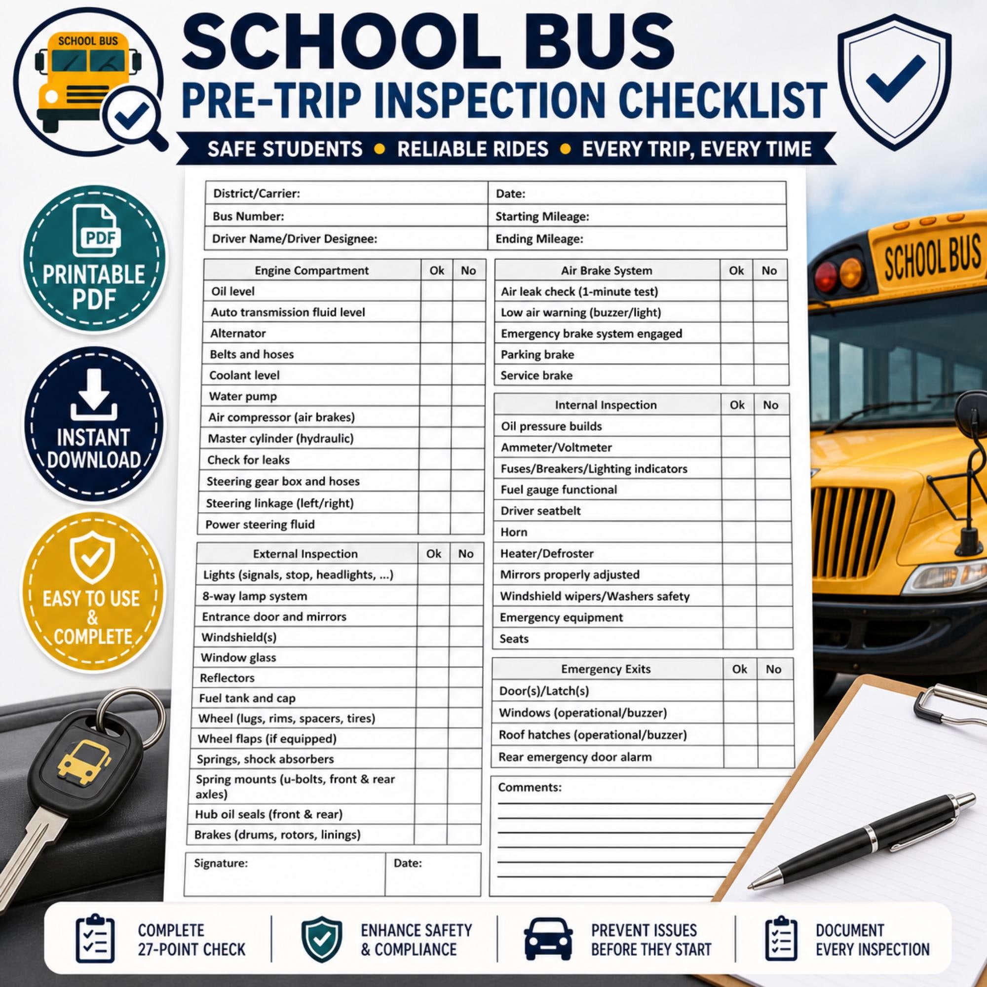 School Bus Pre-trip Inspection Checklist Printable PDF | Driver Daily ...