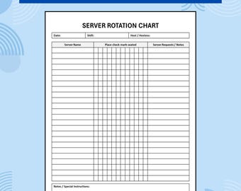 Schema di rotazione dei camerieri in formato PDF stampabile / Foglio di rotazione dei tavoli del ristorante / Registro di rotazione dei posti a sedere dell'addetto alla reception / Programma dei turni dei camerieri