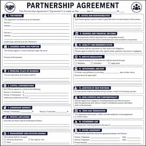 Könnte beinhalten: Ein gedrucktes Partnerschaftsvertragsdokument mit siebzehn nummerierten Abschnitten, darunter die Parteien, Geschäftsname und Zweck, Kapitaleinlagen, Eigentumsanteile, Gewinne und Verluste, Management, Pflichten und Streitbeilegung.