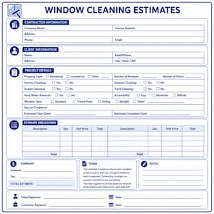 May include: A blue and white window cleaning estimate form. The form includes sections for contractor and client information, project details, estimate breakdown, summary, terms, and notes. The text "WINDOW CLEANING ESTIMATES" is at the top.