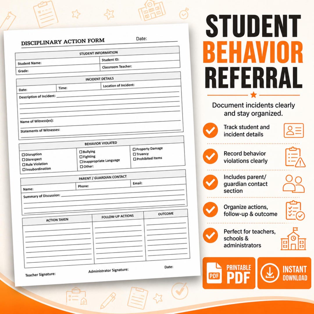 Student Behavior Referral Form Printable PDF | Disciplinary Action ...