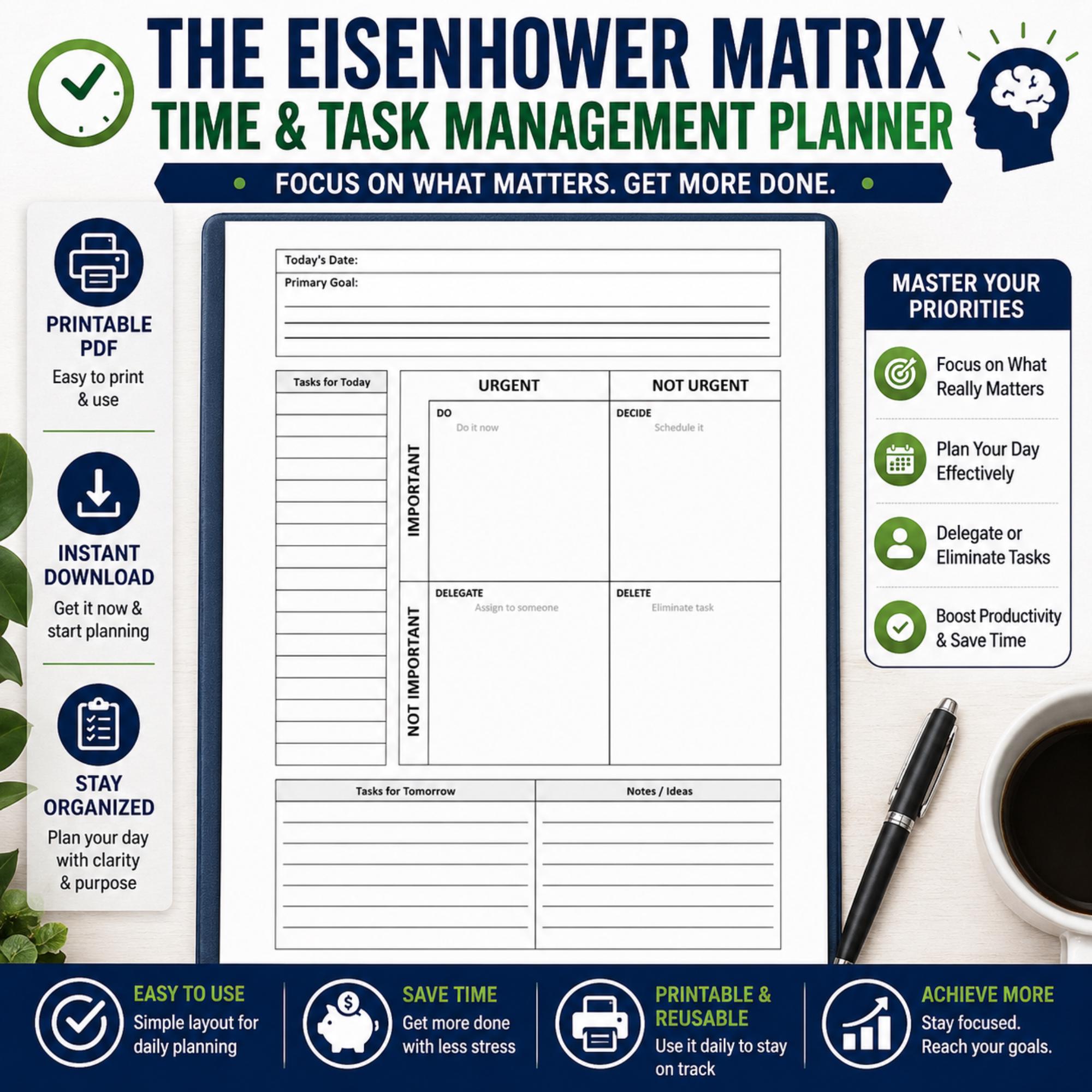 Eisenhower Matrix Planner Printable PDF | Urgent Important Task Matrix ...