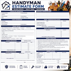 Könnte beinhalten: Handwerker-Kostenvoranschlag mit Feldern für Auftragnehmer- und Kundeninformationen, Projektdetails und Kostenaufschlüsselungen. Enthält Abschnitte für Reisekosten, sonstige Gebühren und Bedingungen.