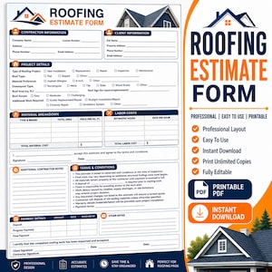 May include: A white roofing estimate form with blue and orange accents, featuring sections for contractor and client information, project details, material breakdown, labor costs, terms and conditions, and payment details, with a house roof graphic.