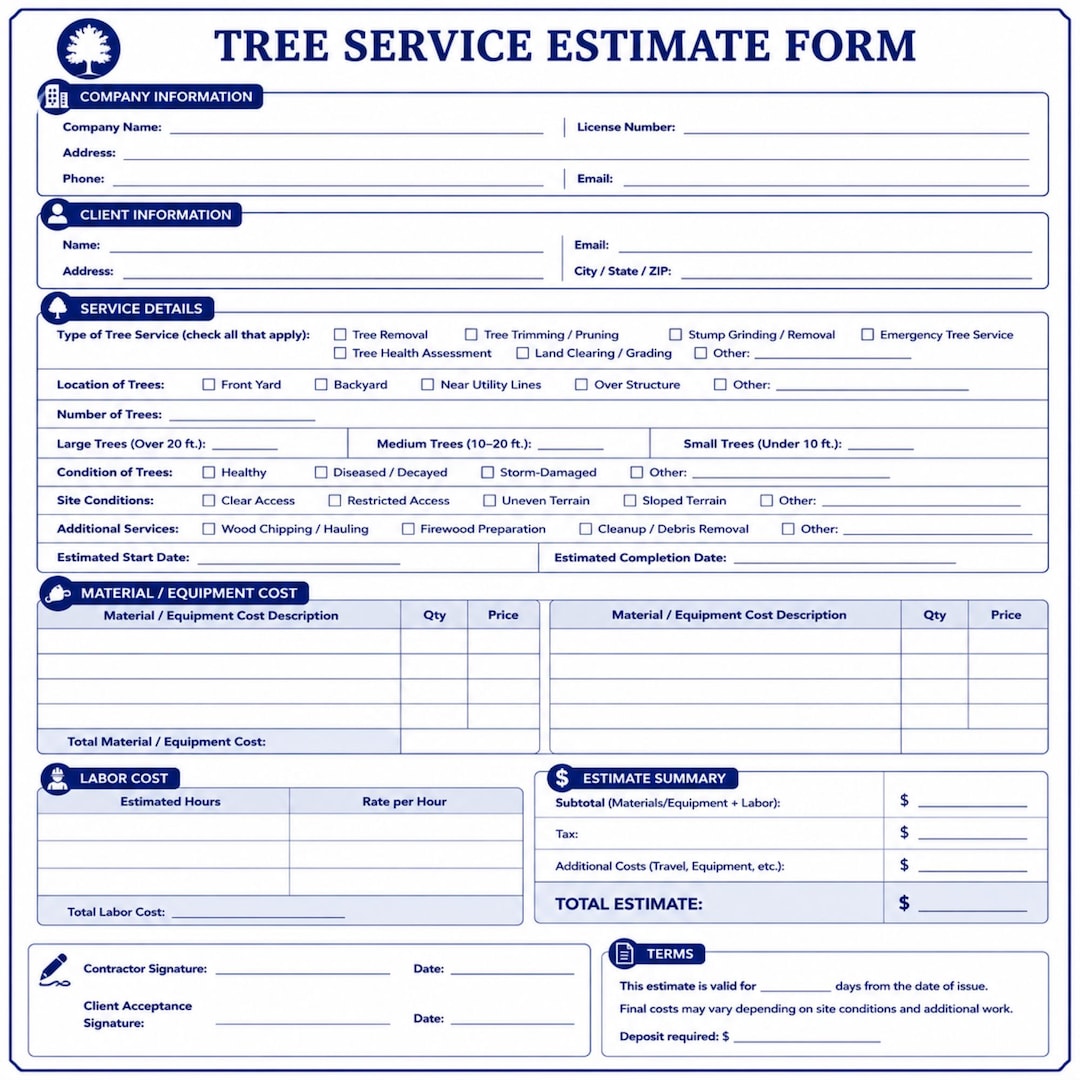 Tree Service Estimate Form Printable PDF | Tree Removal & Trimming ...