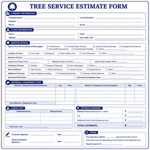 Puede incluir: Un formulario de presupuesto de servicio de árboles azul y blanco con secciones para información de la empresa y del cliente, detalles del servicio y desgloses de costos. Incluye campos para el tipo de servicio de árboles, la ubicación y los costos de materiales. El formulario también tiene una sección para el presupuesto total.