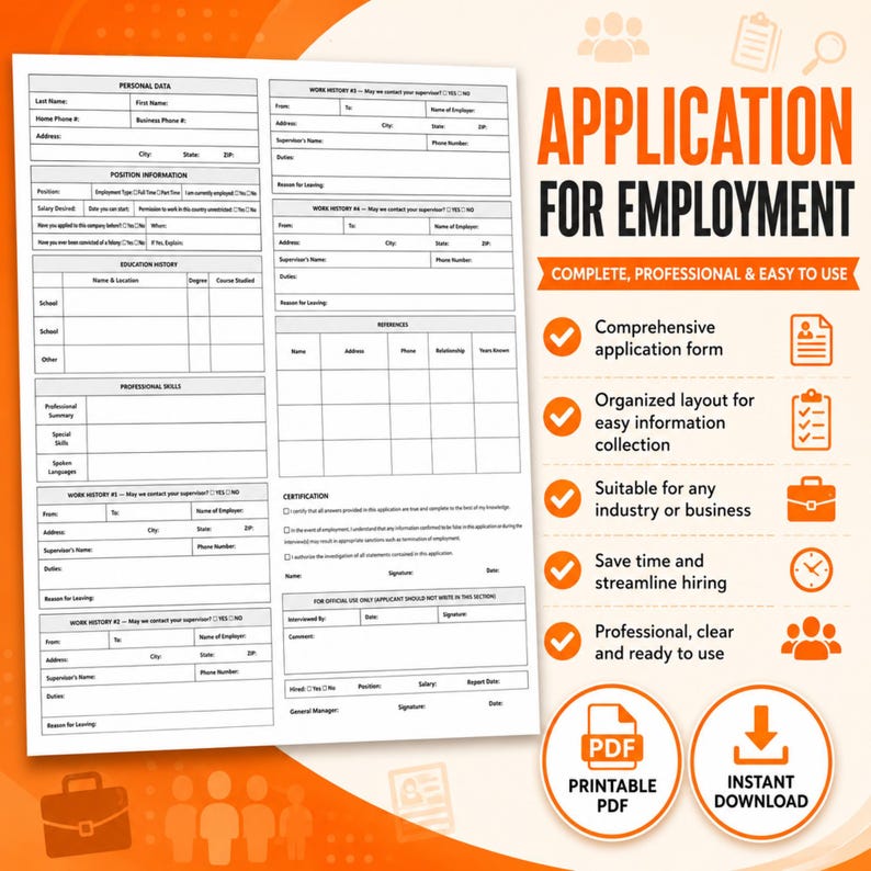Employment Application Form Printable PDF | Job Application Template ...