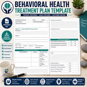 May include: A printable PDF template for a behavioral health treatment plan. The document includes sections for client information, goals, objectives, and progress notes. The design is teal and white with the text "Behavioral Health Treatment Plan Template".
