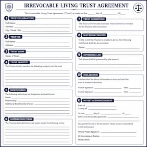 Peut inclure: Un document juridique blanc intitulé Irrevocable Living Trust Agreement avec du texte et des bordures bleu foncé. Il comporte onze sections numérotées, notamment Trustor, Trustee, Trust Property, Beneficiaries, Distribution Terms et Notary Acknowledgment.