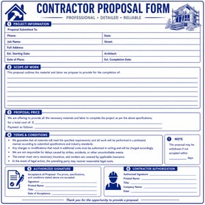 Può includere: Un modulo di proposta per appaltatori blu e bianco con sezioni per informazioni sul progetto, ambito dei lavori, prezzo, termini e firme. Il modulo include il testo "PROFESSIONALE • DETTAGLIATO • AFFIDABILE".