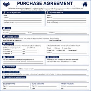 Purchase Agreement Template Printable PDF | Buyer Seller Purchase & Sale Contract | Item Description Payment Delivery Terms