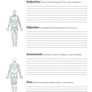 May include: A white form with lined sections for a client's personal report, therapist's observations, assessment, and plan. Anatomical illustrations of the human body are on the left side. The form includes fields for client name and date.