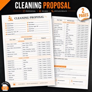 May include: A two-page cleaning proposal template featuring black and orange text on a white background. The document includes sections for company and client information, a detailed services checklist for restrooms, floors, and miscellaneous areas.