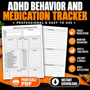 Może przedstawiać: Dokument do druku do śledzenia zachowań i leków w ADHD, zawierający sekcje na datę, wagę, nastrój, szczegóły leków, oceny zachowań i dzienniki diety, z miejscem na codzienne przemyślenia, refleksje i skuteczność przyjmowanych leków.