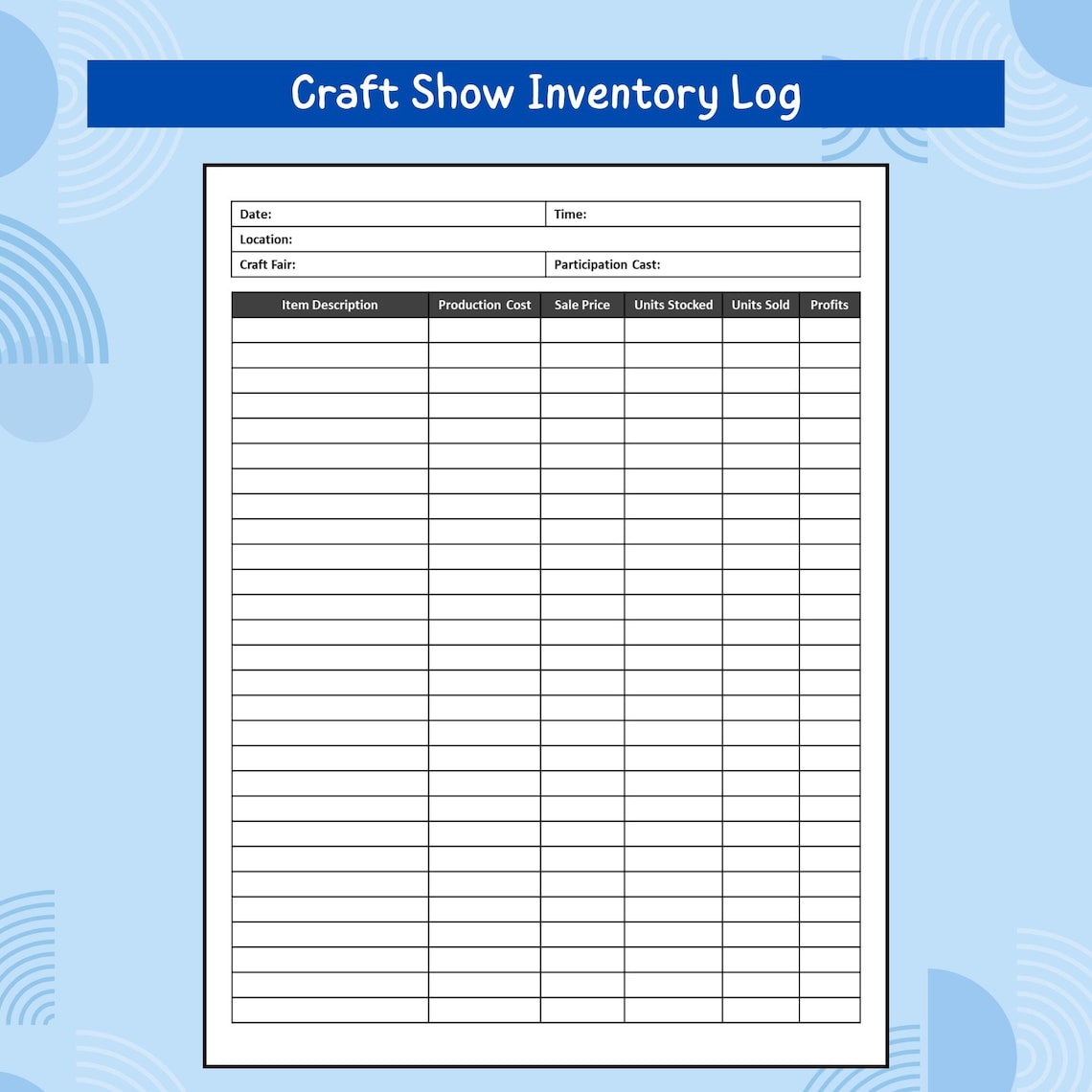 Craft Show Inventory Log Printable PDF | Craft Fair Sales & Profit ...