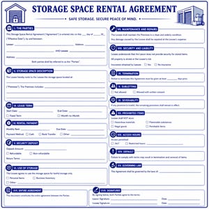May include: A blue and white storage space rental agreement form. The document includes sections for parties, storage space description, lease term, rental payment, security deposit, use of storage, and more. The text "Safe Storage. Secure Peace of Mind." is at the top.