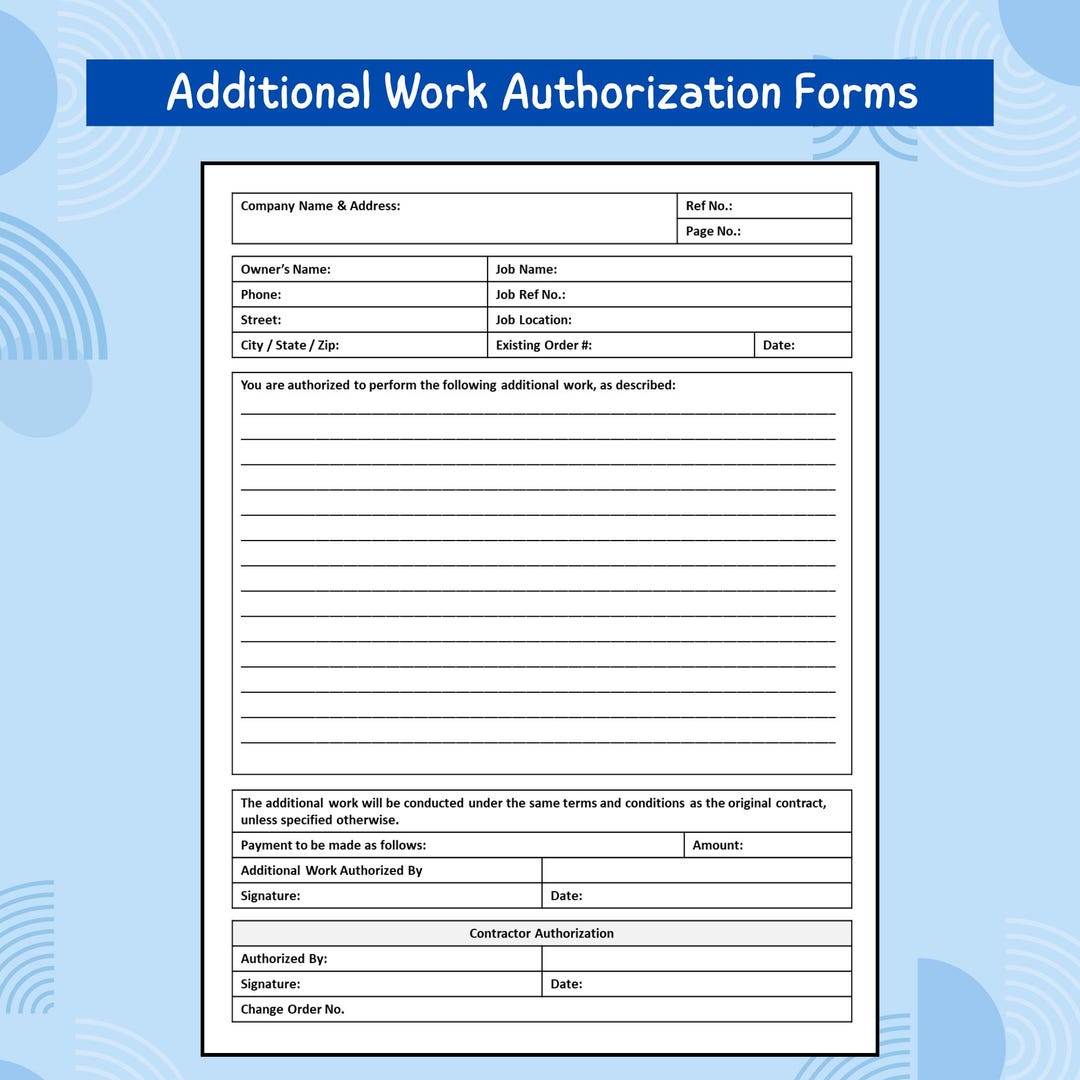 Additional Work Authorization Form Printable PDF | Change Order ...