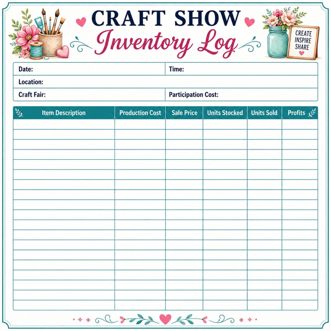 Craft Show Inventory Log Printable PDF | Craft Fair Sales & Profit ...