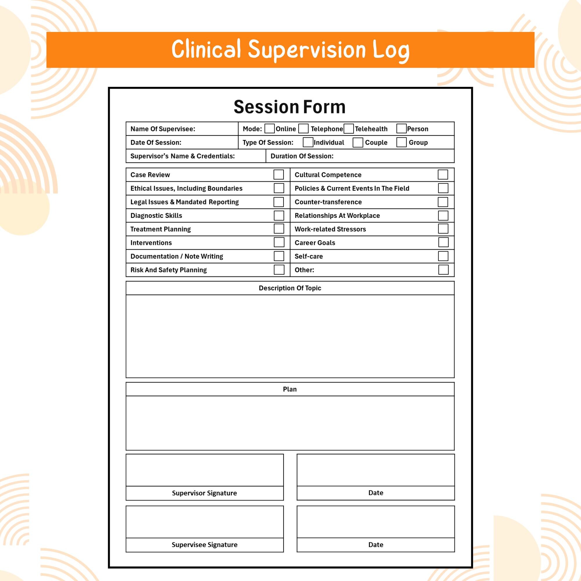 Clinical Supervision Log Printable PDF | Therapist Supervision Session ...