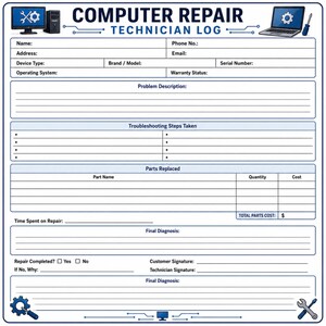 May include: A computer repair technician log with a blue border. The form includes fields for customer and device information, problem description, troubleshooting steps, parts replaced, and final diagnosis. The title "COMPUTER REPAIR TECHNICIAN LOG" is at the top.