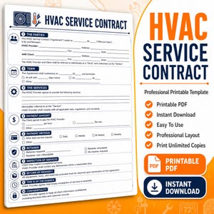 Può includere: Un modello di contratto di servizio HVAC bianco con testo e icone blu. Il documento include sezioni per le parti, la durata, i servizi, l'importo del pagamento, il metodo di pagamento, la ritenuta, l'ispezione e la riservatezza.