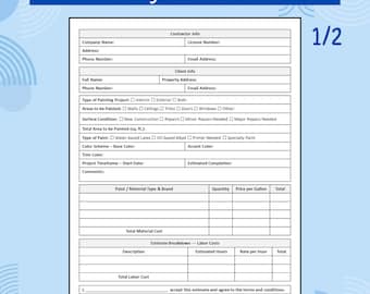 Painting Estimate Form Printable PDF | Painting Contractor Proposal Template | Interior/Exterior Painter Quote Sheet | Instant Download