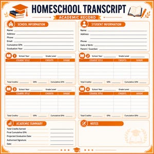 Op de afbeelding: Homeschool transcript sjabloon met secties voor school- en studenteninformatie, cursustitels, credits en cijfers. Het document bevat gebieden voor academische samenvattingen en notities.