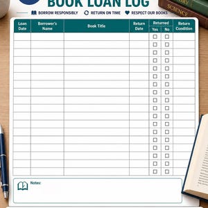 May include: A white and teal Library Book Loan Log with sections for loan date, borrower's name, book title, return date, and condition. The log includes text: Borrow Responsibly, Return on Time, and Respect Our Books.