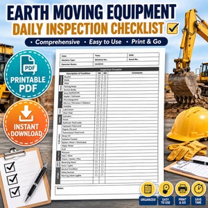 Puede incluir: Una lista de verificación en PDF imprimible para la inspección diaria de equipos de movimiento de tierras. La lista de verificación incluye secciones para el tipo de máquina, el nombre del operador y elementos de inspección como el cucharón, la hoja y las almohadillas de desgaste.