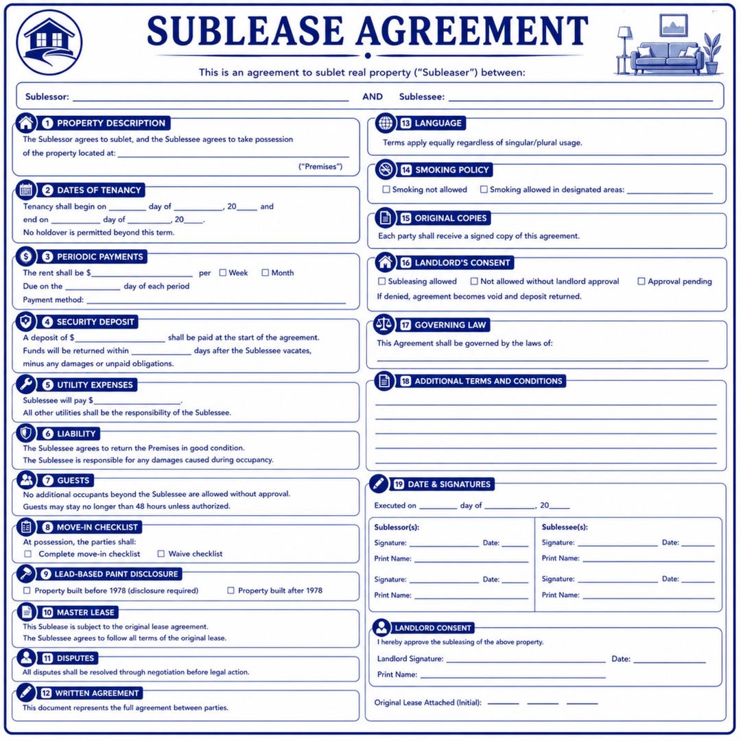 Sublease Agreement Template Printable PDF | Tenant Sublet Contract Form ...