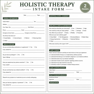 Könnte beinhalten: Ein zweiseitiges Aufnahmeformular für ganzheitliche Therapie, gedruckt auf weißem Papier mit dunkelgrünem Text und Überschriften. Das Dokument enthält Abschnitte für allgemeine Informationen, medizinische Vorgeschichte, Wellness-Daten und Unterschriften.