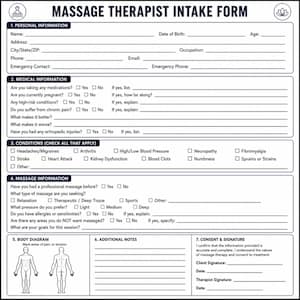 May include: A black and white massage therapist intake form featuring seven sections including personal information, medical history, conditions, massage preferences, a body diagram for marking pain, additional notes, and a consent signature area.