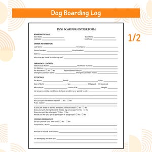Può includere: Un modulo di ammissione per pensione per cani bianco con testo e linee nere. Il documento include sezioni per i dettagli del soggiorno, le informazioni del proprietario, i contatti di emergenza, i dettagli dell'animale e le informazioni sull'alimentazione.