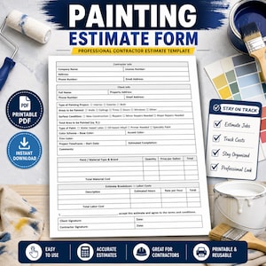 Op de afbeelding: Een afdrukbaar schattingsformulier voor schilderwerk, een professionele sjabloon voor aannemers. Het formulier bevat secties voor aannemers- en klantinformatie, projectdetails en kostenoverzichten. Verfbenodigdheden en kleurstalen zijn ook zichtbaar.
