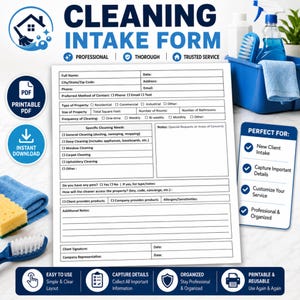 Può includere: Un modulo di accettazione della pulizia stampabile, con un design blu e bianco. Include campi per le informazioni del cliente, i dettagli della proprietà e le esigenze di pulizia. Icone per il download immediato e PDF. Facile da usare e progettato per catturare i dettagli.