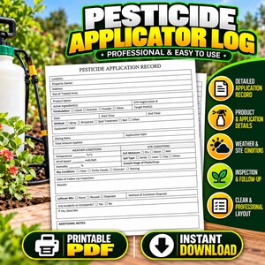 Może przedstawiać: Biały papierowy formularz Pesticide Application Record z czarnym tekstem i liniami do zapisu lokalizacji, właściciela, nazwy produktu, rejestracji EPA, warunków pogodowych i terenowych, z etykietą PDF do druku i natychmiastowego pobrania.
