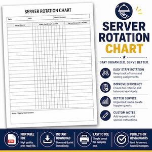 Könnte beinhalten: Ein weißes, druckbares PDF-Serverrotationsdiagramm mit dem Titel "SERVER ROTATION CHART" in Blau und Gelb. Das Diagramm enthält Abschnitte für Servernamen, Kontrollkästchen und Notizen. Der Text enthält "STAY ORGANIZED. SERVE BETTER."