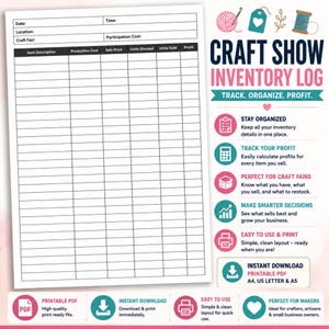 Könnte beinhalten: Ein druckbares Inventarprotokoll für Kunsthandwerksausstellungen mit weißem Hintergrund. Das Protokoll enthält Abschnitte für Artikelbeschreibung, Kosten und Gewinn. Der Text lautet "Craft Show Inventory Log" und "Track, Organize, Profit."