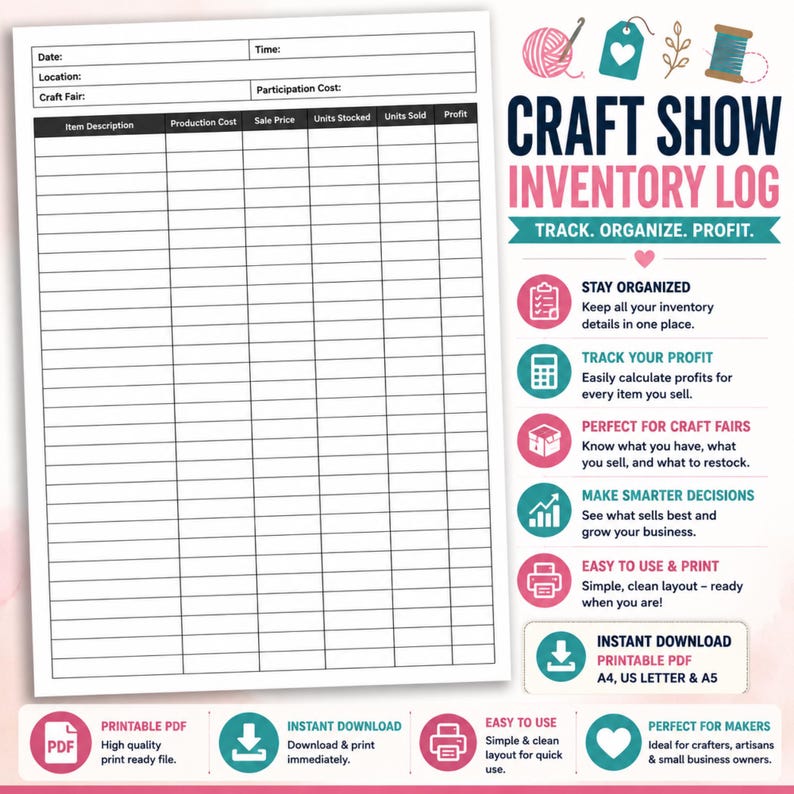 Craft Show Inventory Log Printable PDF | Craft Fair Sales & Profit ...