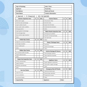 May include: A plumbing inspection checklist with sections for exterior, interior, visible, and hidden pipe checks. Includes areas for gas line checks, appliance inspections, and emergency shut-off checks. The form has spaces for approval, disapproval, and not applicable notations.