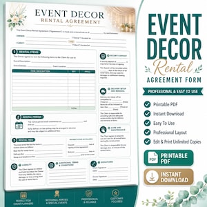 May include: A printable Event Decor Rental Agreement form featuring sections for rental items, rental period, fees, liability, security deposit, delivery, and signatures. The document includes floral accents and clear headings in dark green and gold.