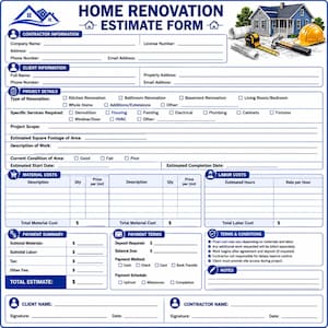 Può includere: Modulo di preventivo per la ristrutturazione della casa con sezioni per le informazioni sull'appaltatore e sul cliente, i dettagli del progetto, i costi dei materiali e della manodopera, il riepilogo dei pagamenti e i termini e le condizioni.