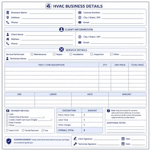 May include: A blue and white HVAC business invoice template with fields for business and client details, service descriptions, and payment information. Includes sections for labor, parts, and total costs. The form has a professional layout.